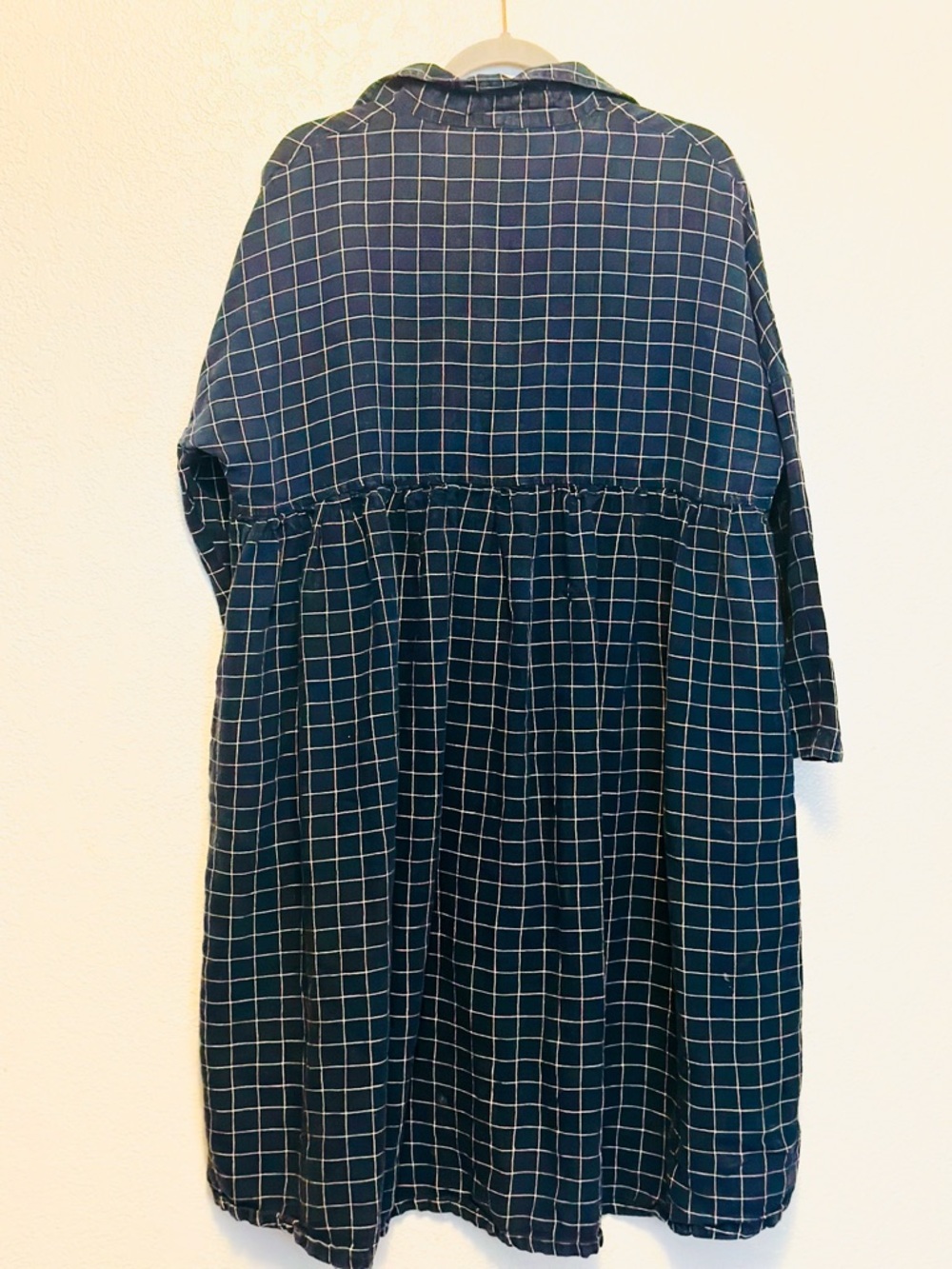 Simply Grey Linen Checked Button-Front Shirt Dress MIDI Oversized w Pockets - Picture 3 of 3